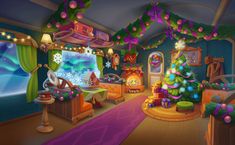 an animated christmas tree in a brightly lit room with lights on the ceiling and decorations hanging from the ceiling