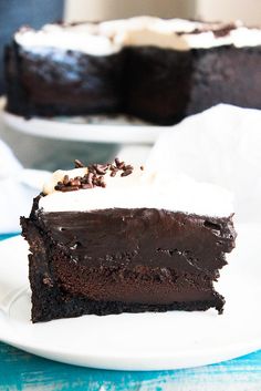 a slice of chocolate cake on a white plate