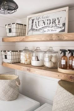 some shelves with jars and containers on them