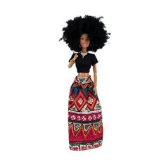 a barbie doll wearing a long skirt and black top with an afro hairdoodle