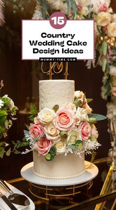 a wedding cake with pink and white flowers sitting on a table next to silverware