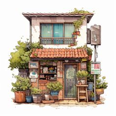 AI・小さなショップ Building Drawing Sketches, Watercolor Building Paintings, Buildings Aesthetic Drawing, Watercolor Buildings Architecture, Studio Ghibli Buildings, Casitas Aesthetic, Bangunan Aesthetic, Storefront Drawing, Building Watercolor Painting