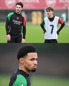 three different shots of soccer players on the field, one with his hands on his hips