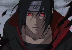 an anime character with red eyes and black hair