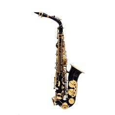 a black and gold saxophone with musical instruments on it's neck, isolated against a white background