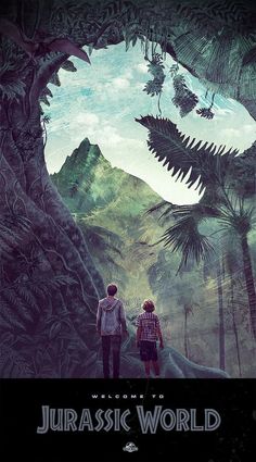 two people standing in the middle of a forest looking out at mountains and palm trees