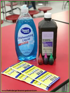 two bottles of mouthwash sitting next to each other on a red table with yellow tags