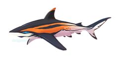 an orange and black shark balloon floating in the air