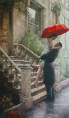 a painting of a couple kissing under an umbrella