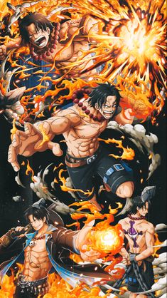 two anime characters surrounded by fire and flames