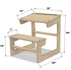 a wooden desk and chair are shown with measurements for each piece in the table's height