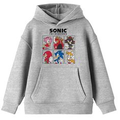 a gray hoodie with sonic the hedgehogs on it and four different colors