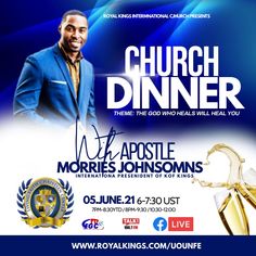 a flyer for an upcoming event with a man in a blue suit and gold tie