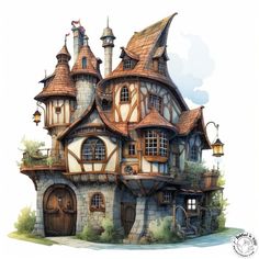 a drawing of a fairy tale house with lots of windows and turrets on the roof