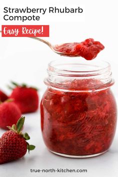 Strawberry Rhubarb Compote in a jar with a spoon over it. Strawberry Rhubarb Sauce, Rhubarb Sauce, Cream Pancakes, Strawberry Rhubarb Crisp, Berry Recipes, Roasted Strawberries