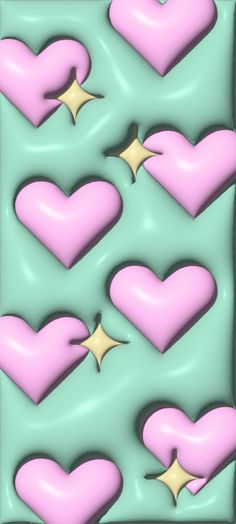 several pink hearts with gold stars in the middle on a blue and light green background