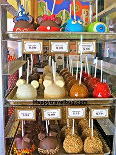 a display case filled with lots of different types of candies and chocolate covered lollipops