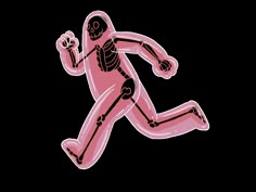 a skeleton running in the dark with its arms out and legs crossed, while wearing pink tights