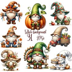 a set of cartoon gnomes with different costumes