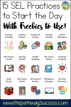 a poster with the words 15 self practices to start the day with freebies to use