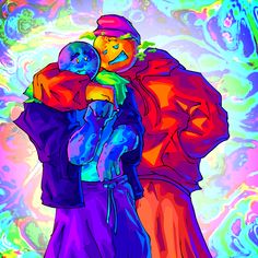 an image of two people hugging each other in front of colorful swirls and bubbles