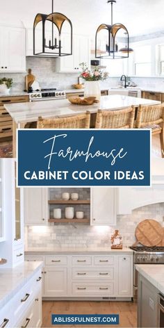 a kitchen with white cabinets and wood flooring is featured in the article farmhousee cabinet color ideas