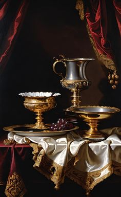 a table topped with plates and bowls filled with fruit next to a red drapes