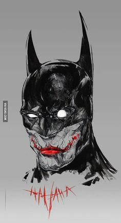 a drawing of the face of batman in black and white with red paint on it