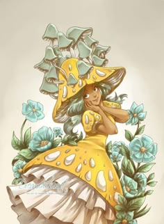 a drawing of a woman in a yellow dress and hat with flowers on her head