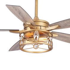 This 52 in. crystal ceiling fan, features metal gold finish and its modern design that will complement most any space. Reversible Motor allow you to keep things cool in the summer months and keep air warm in the winter. This 5-blade modern ceiling fan with remote is surely a statement piece for your kitchen, dining room, living room, bedroom or foyer. Parrot Uncle 52-in Gold with Wood Blades Indoor Chandelier Ceiling Fan Light Kit Compatible and Remote (5-Blade) | F6339110V French Country Ceiling Fan, Gold Ceiling Fan, Chandelier Ceiling Fan, Bedroom Fan, Crystal Ceiling Fan, Indoor Chandelier, Ceiling Fan Light Kit, White Ceiling Fan, Ceiling Fan Light