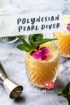 two cocktails with flowers on the top and one has a sign that says polynesian pearl diver