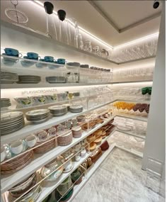 there are many plates and bowls on the shelves