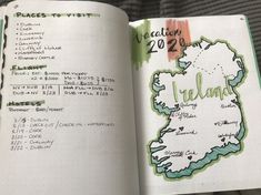 an open notebook with a map on it and the names of places to visit in ireland