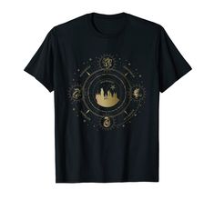 a black t - shirt with an image of the golden city on it's chest