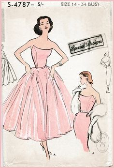 40s Wedding Dresses, 1950s Ball Gown, Evening Dress Patterns, Strapless Bustier, Pink Posters, Couture Vintage