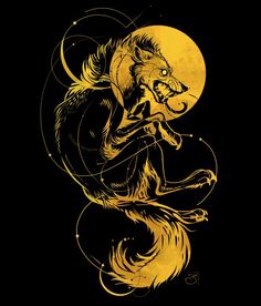 a yellow and black drawing of a wolf on a black background with the moon behind it