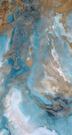 an abstract painting with blue, brown and white colors on the water's surface