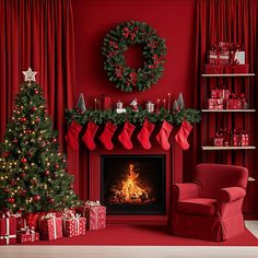 a living room decorated for christmas with stockings and presents on the fire place next to it