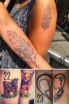 four different tattoos on the arms and legs of women with flowers, leaves, and cows