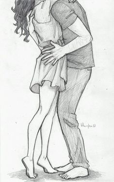 a pencil drawing of two people hugging each other with their arms around one another and kissing