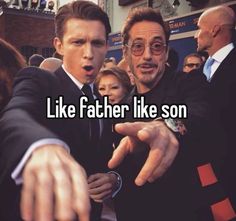 two men pointing at each other with the caption like father like son