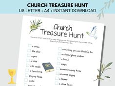 a printable church treasure hunt is shown with an olive branch and a chalice