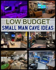 a collage of pictures with the words low budget small man cave ideas on them