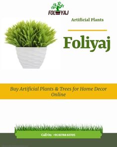 a white vase filled with green plants next to the words, foliyaj