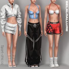 three female models are standing next to each other in different outfits and clothing, all wearing bras