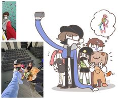 two pictures, one with people wearing face masks and the other with cartoon characters