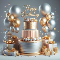 a birthday cake surrounded by gold and silver balloons, presents and confetti on a grey background