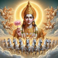 an image of the hindu god surrounded by white horses and unicorns in front of a sky background