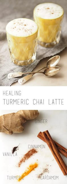 the ingredients for turmric chai latte are shown in two separate bowls