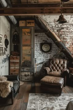 an old fashioned living room with leather furniture and exposed brick walls, along with wooden flooring